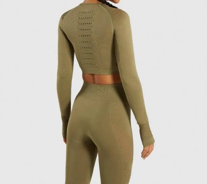 Conjunto Esportivo Feminino 2 Peças – Manga Longa + Legging Cintura Alta, Yoga