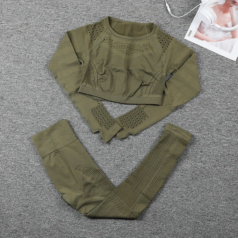 Conjunto Esportivo Feminino 2 Peças – Manga Longa + Legging Cintura Alta, Yoga