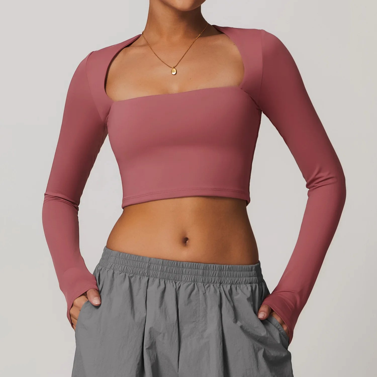 Camisa Manga Longa Decote Quadrado para Yoga – Nylon e Spandex Sem Costura, S ao XL