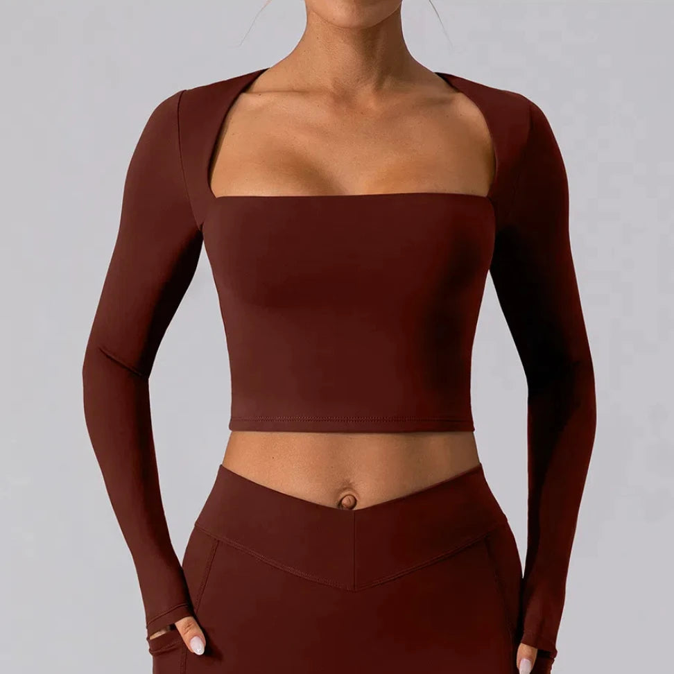 Camisa Manga Longa Decote Quadrado para Yoga – Nylon e Spandex Sem Costura, S ao XL