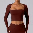 Camisas de manga comprida e decote quadrado para mulheres Tops de ioga Top de treino