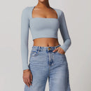 Camisas de manga comprida e decote quadrado para mulheres Tops de ioga Top de treino