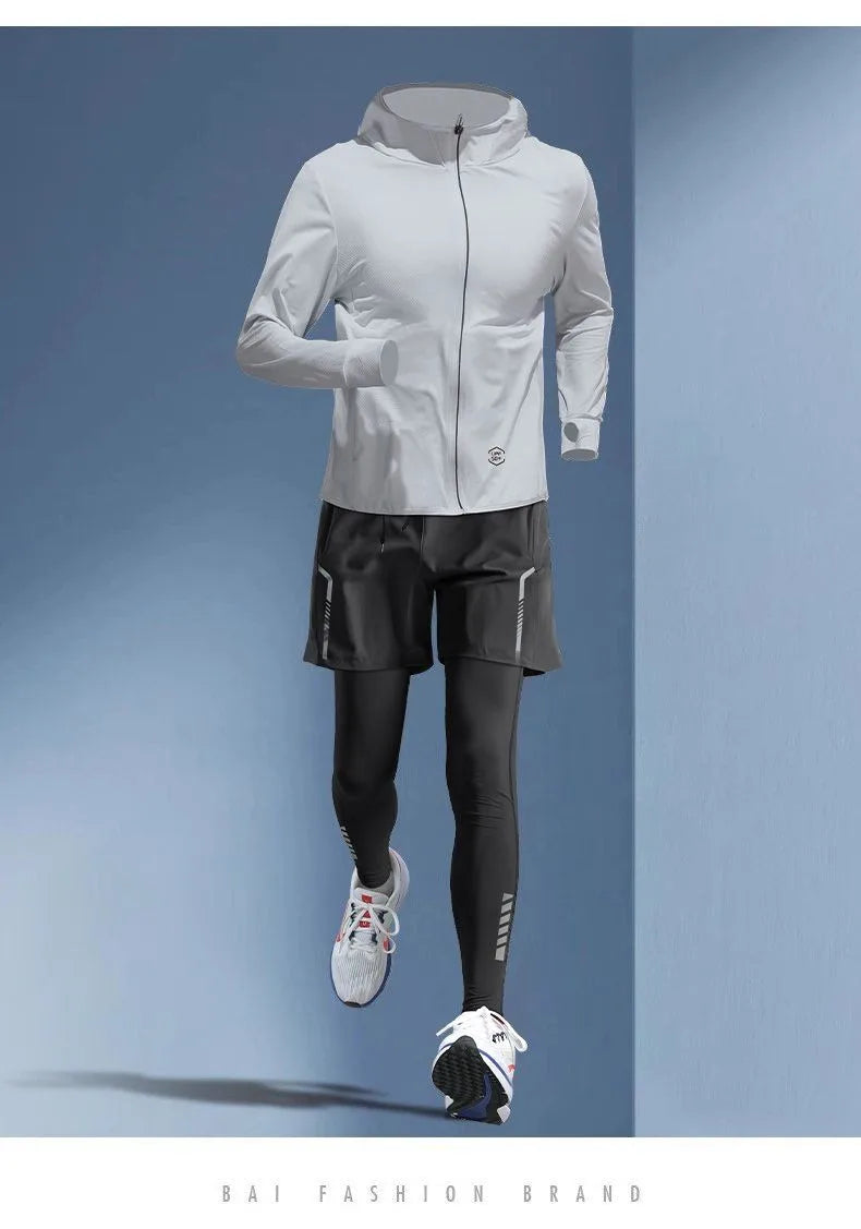 Conjunto Masculino 5 Peças para Corrida – Seda Gelada, Proteção UV, M ao 3XL