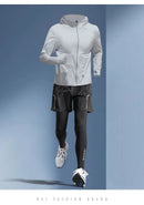 Conjuntos para homens para treino e corrida - material de seda gelada de verão Secagem rápida Resistente aos raios UV Proteção solar para atividades ao ar livre Roupas de qualidade 5 peças