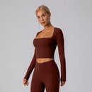 Camisas de manga comprida e decote quadrado para mulheres Tops de ioga Top de treino