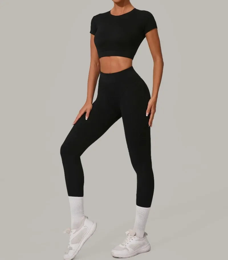 Top Manga Curta + Calça Cintura Alta Yoga – Nylon e Spandex, S ao L