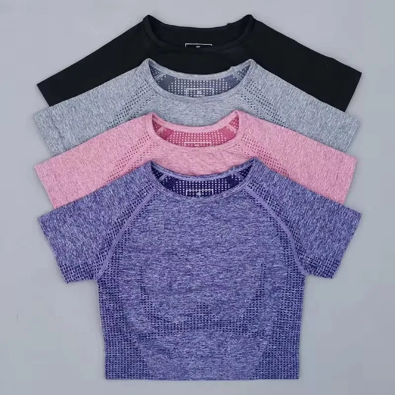 Top Sem Costura Manga Curta para Yoga Feminino – Nylon e Spandex, Respirável