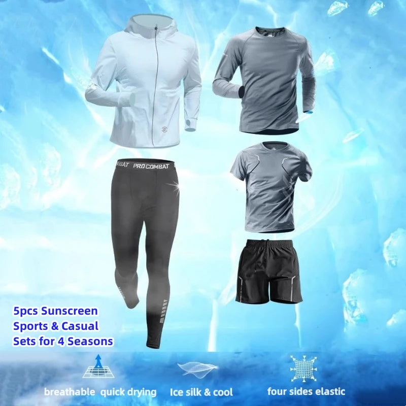 Conjunto Masculino 5 Peças para Corrida – Seda Gelada, Proteção UV, M ao 3XL