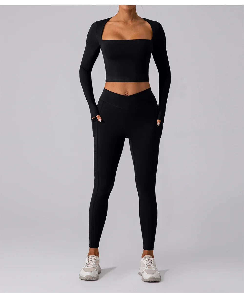 Camisa Manga Longa Decote Quadrado para Yoga – Nylon e Spandex Sem Costura, S ao XL
