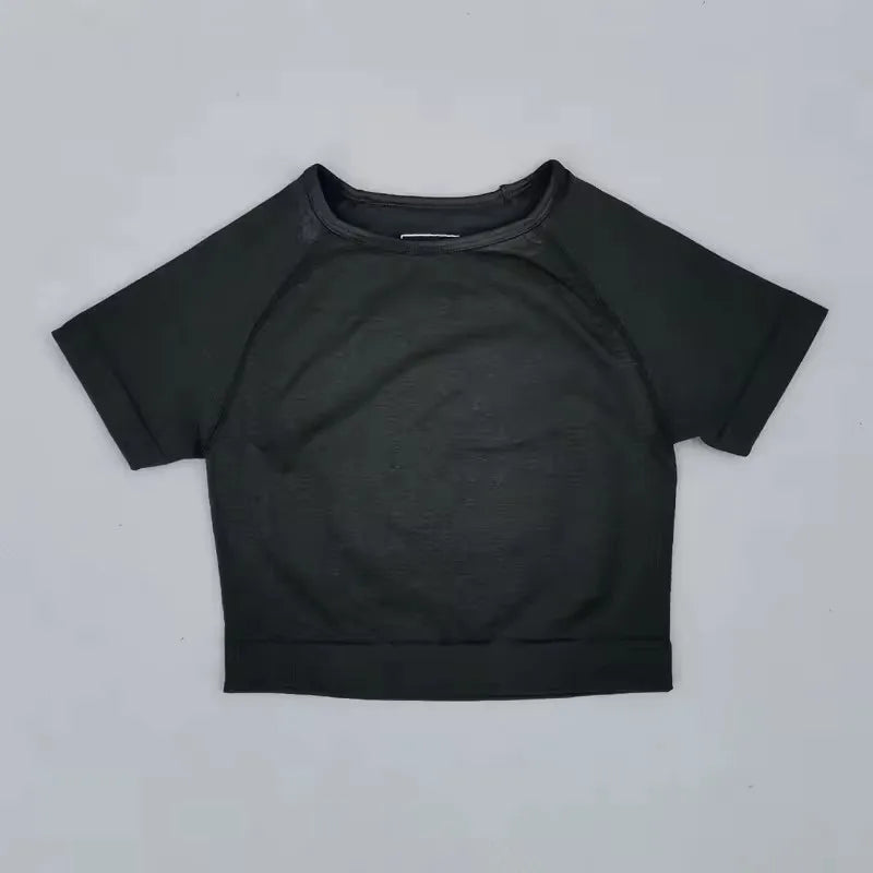 Top Sem Costura Manga Curta para Yoga Feminino – Nylon e Spandex, Respirável
