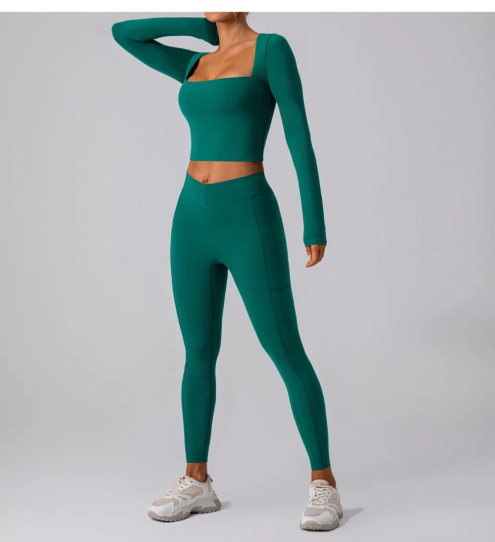 Camisa Manga Longa Decote Quadrado para Yoga – Nylon e Spandex Sem Costura, S ao XL