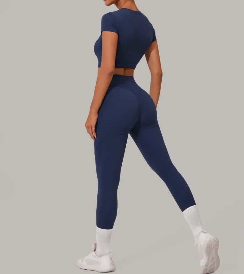 Top Manga Curta + Calça Cintura Alta Yoga – Nylon e Spandex, S ao L