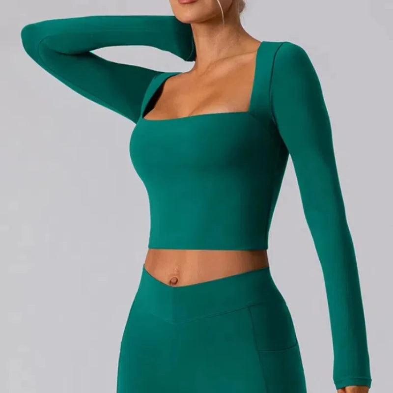 Camisa Manga Longa Decote Quadrado para Yoga – Nylon e Spandex Sem Costura, S ao XL