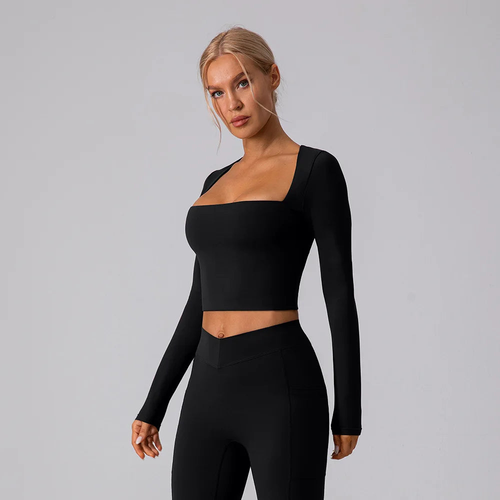 Camisa Manga Longa Decote Quadrado para Yoga – Nylon e Spandex Sem Costura, S ao XL