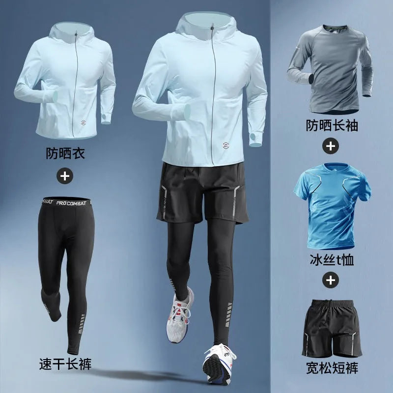 Conjunto Masculino 5 Peças para Corrida – Seda Gelada, Proteção UV, M ao 3XL