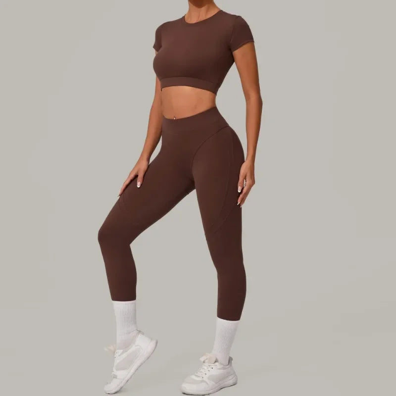 Top Manga Curta + Calça Cintura Alta Yoga – Nylon e Spandex, S ao L