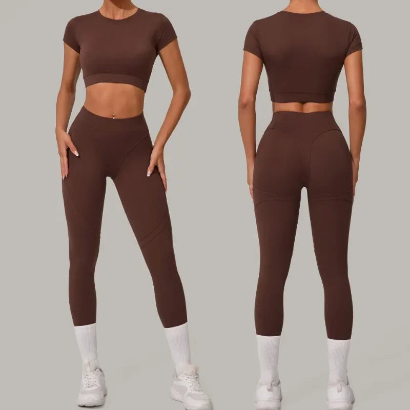 Top Manga Curta + Calça Cintura Alta Yoga – Nylon e Spandex, S ao L