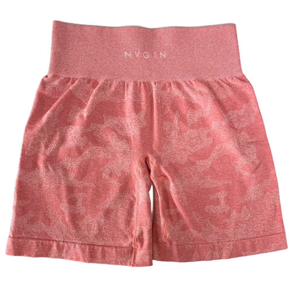 Shorts Sem Costura Camuflado Feminino – Malha Suave, Cintura Elástica