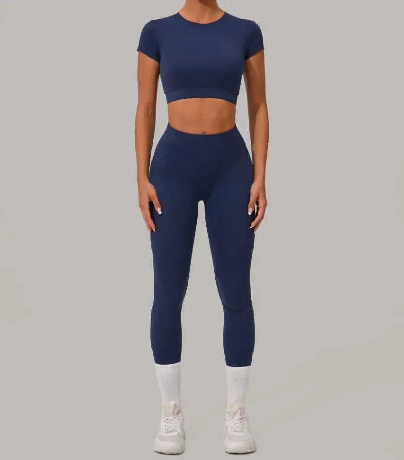 Top Manga Curta + Calça Cintura Alta Yoga – Nylon e Spandex, S ao L