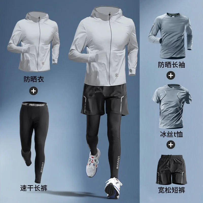 Conjunto Masculino 5 Peças para Corrida – Seda Gelada, Proteção UV, M ao 3XL