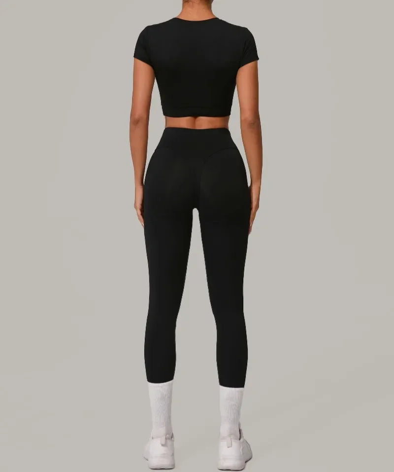 Top Manga Curta + Calça Cintura Alta Yoga – Nylon e Spandex, S ao L
