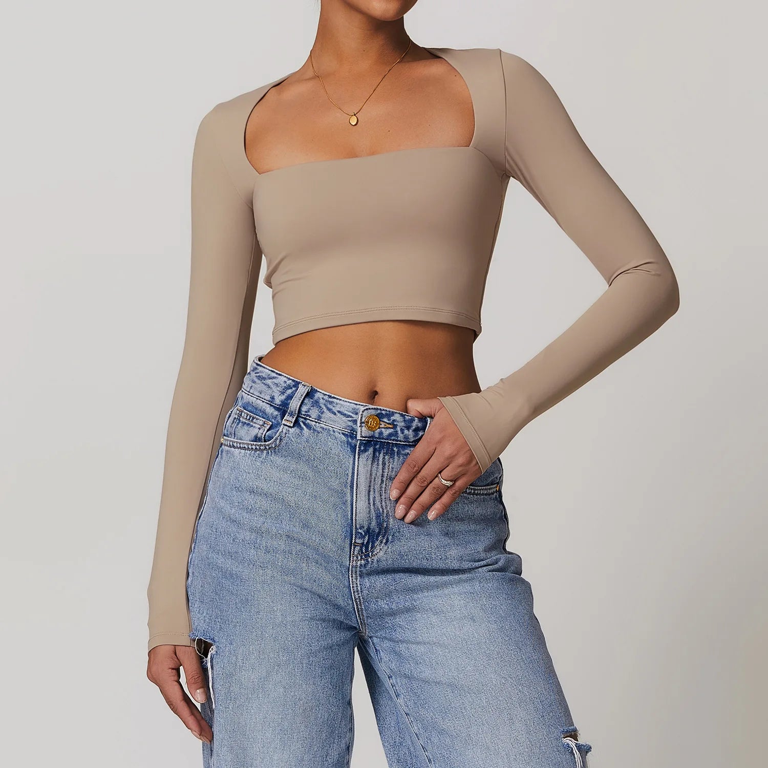 Camisa Manga Longa Decote Quadrado para Yoga – Nylon e Spandex Sem Costura, S ao XL