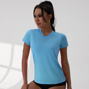 Top esportivo com decote em V e pregas, manga curta, solto, cor sólida, para corrida e exercício físico, 5 cores, roupa de ginástica