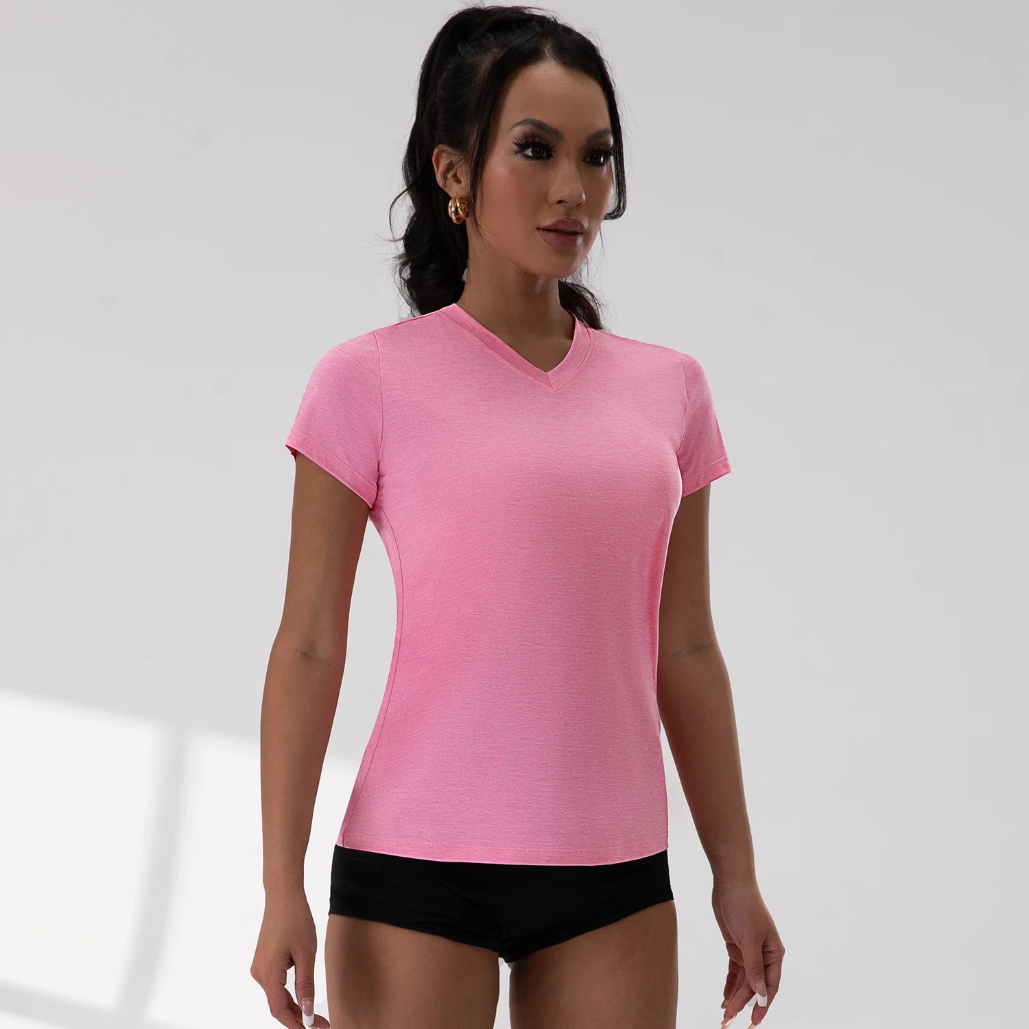 Top Esportivo Decote em V com Pregas Manga Curta – Poliéster e Spandex, 5 Cores, S ao XL