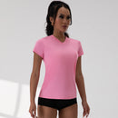 Top esportivo com decote em V e pregas, manga curta, solto, cor sólida, para corrida e exercício físico, 5 cores, roupa de ginástica