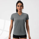 Top esportivo com decote em V e pregas, manga curta, solto, cor sólida, para corrida e exercício físico, 5 cores, roupa de ginástica