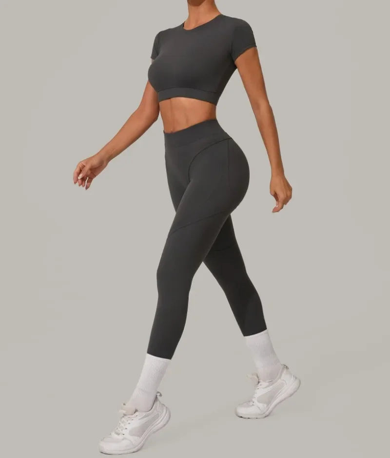 Top Manga Curta + Calça Cintura Alta Yoga – Nylon e Spandex, S ao L