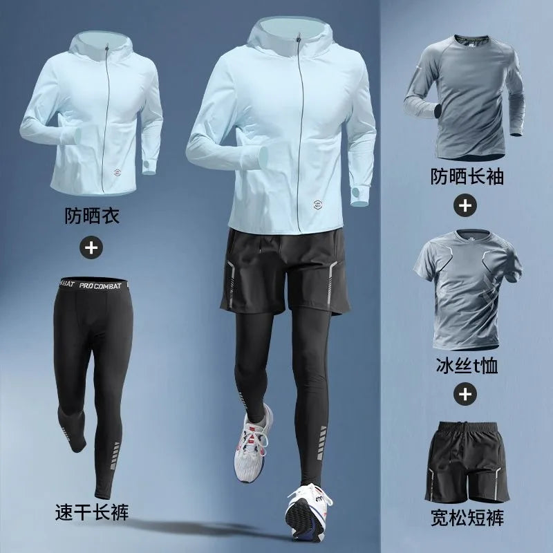 Conjunto Masculino 5 Peças para Corrida – Seda Gelada, Proteção UV, M ao 3XL