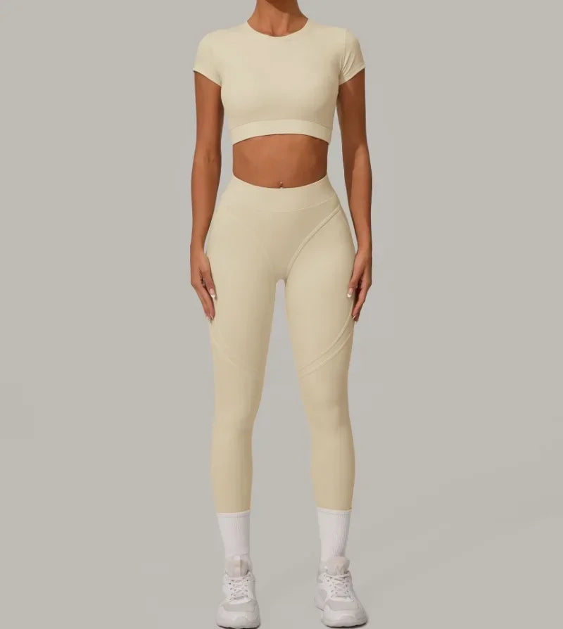 Top Manga Curta + Calça Cintura Alta Yoga – Nylon e Spandex, S ao L
