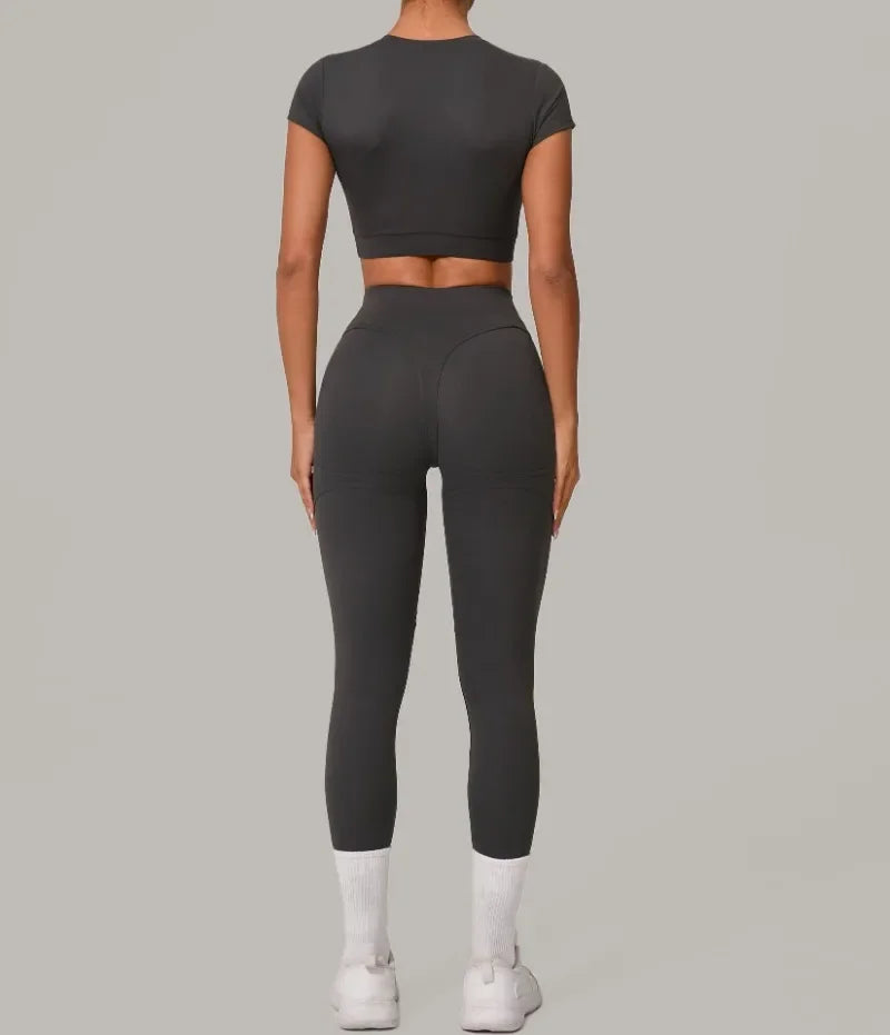 Top Manga Curta + Calça Cintura Alta Yoga – Nylon e Spandex, S ao L