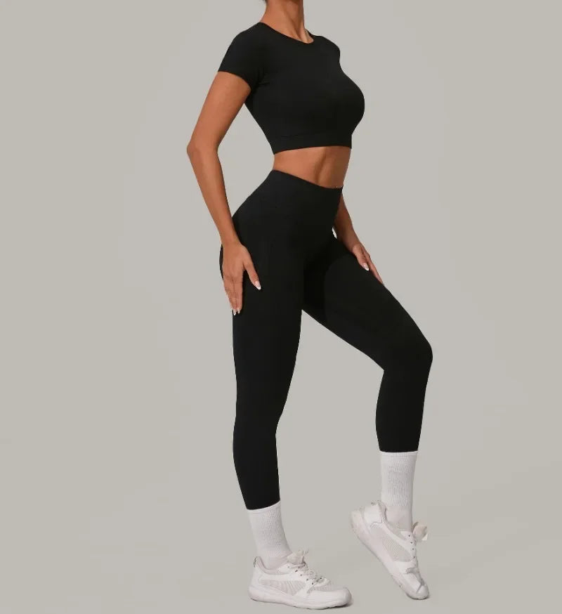 Top Manga Curta + Calça Cintura Alta Yoga – Nylon e Spandex, S ao L