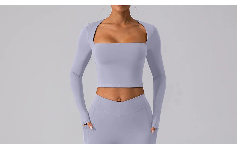 Camisa Manga Longa Decote Quadrado para Yoga – Nylon e Spandex Sem Costura, S ao XL