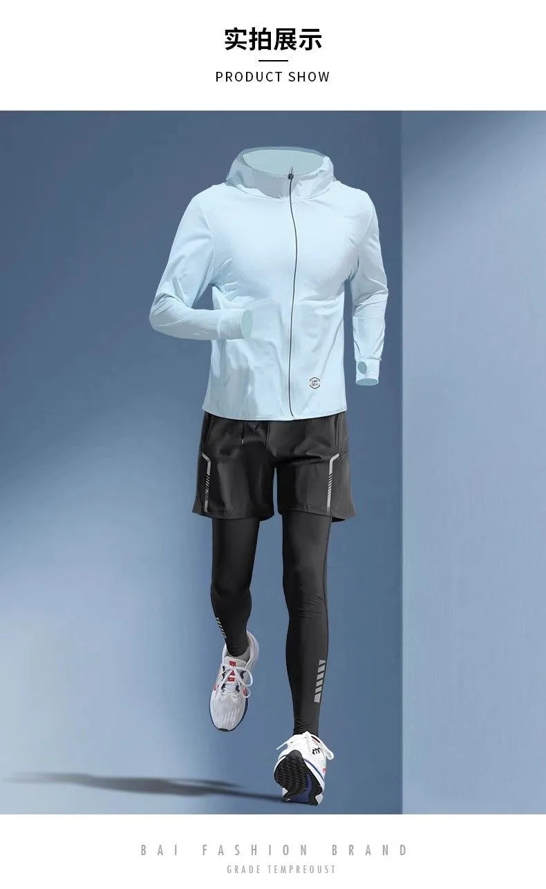 Conjunto Masculino 5 Peças para Corrida – Seda Gelada, Proteção UV, M ao 3XL