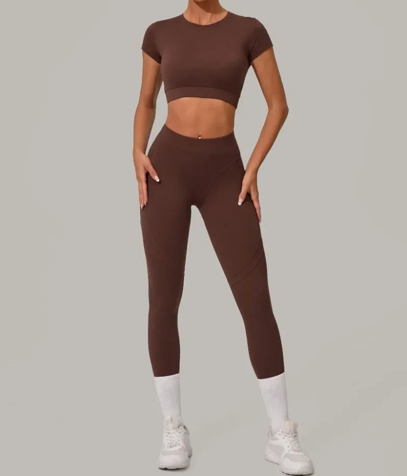 Top Manga Curta + Calça Cintura Alta Yoga – Nylon e Spandex, S ao L