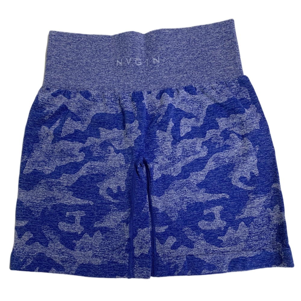 Shorts Sem Costura Camuflado Feminino – Malha Suave, Cintura Elástica