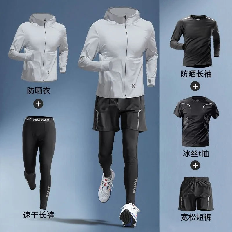 Conjunto Masculino 5 Peças para Corrida – Seda Gelada, Proteção UV, M ao 3XL