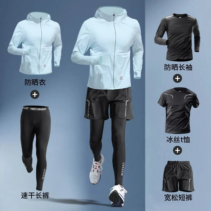 Conjunto Masculino 5 Peças para Corrida – Seda Gelada, Proteção UV, M ao 3XL