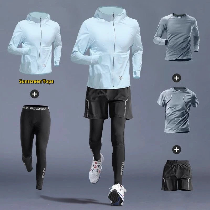 Conjunto Masculino 5 Peças para Corrida – Seda Gelada, Proteção UV, M ao 3XL