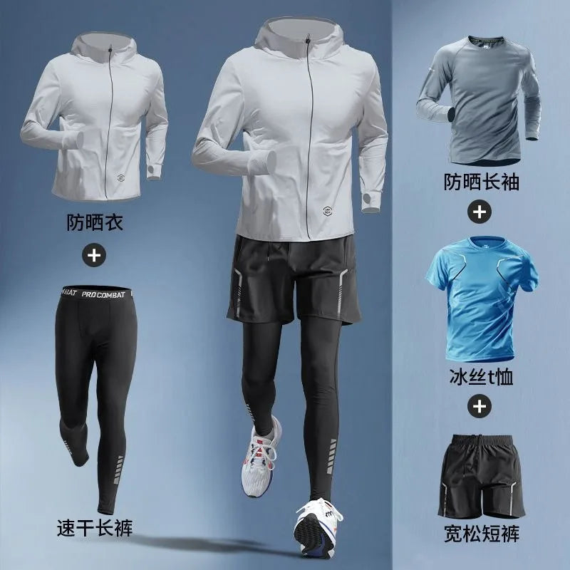 Conjunto Masculino 5 Peças para Corrida – Seda Gelada, Proteção UV, M ao 3XL