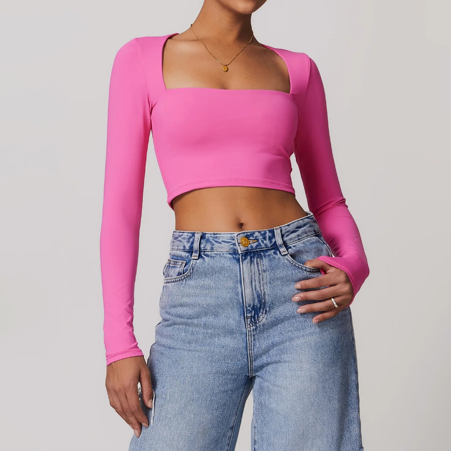 Camisa Manga Longa Decote Quadrado para Yoga – Nylon e Spandex Sem Costura, S ao XL