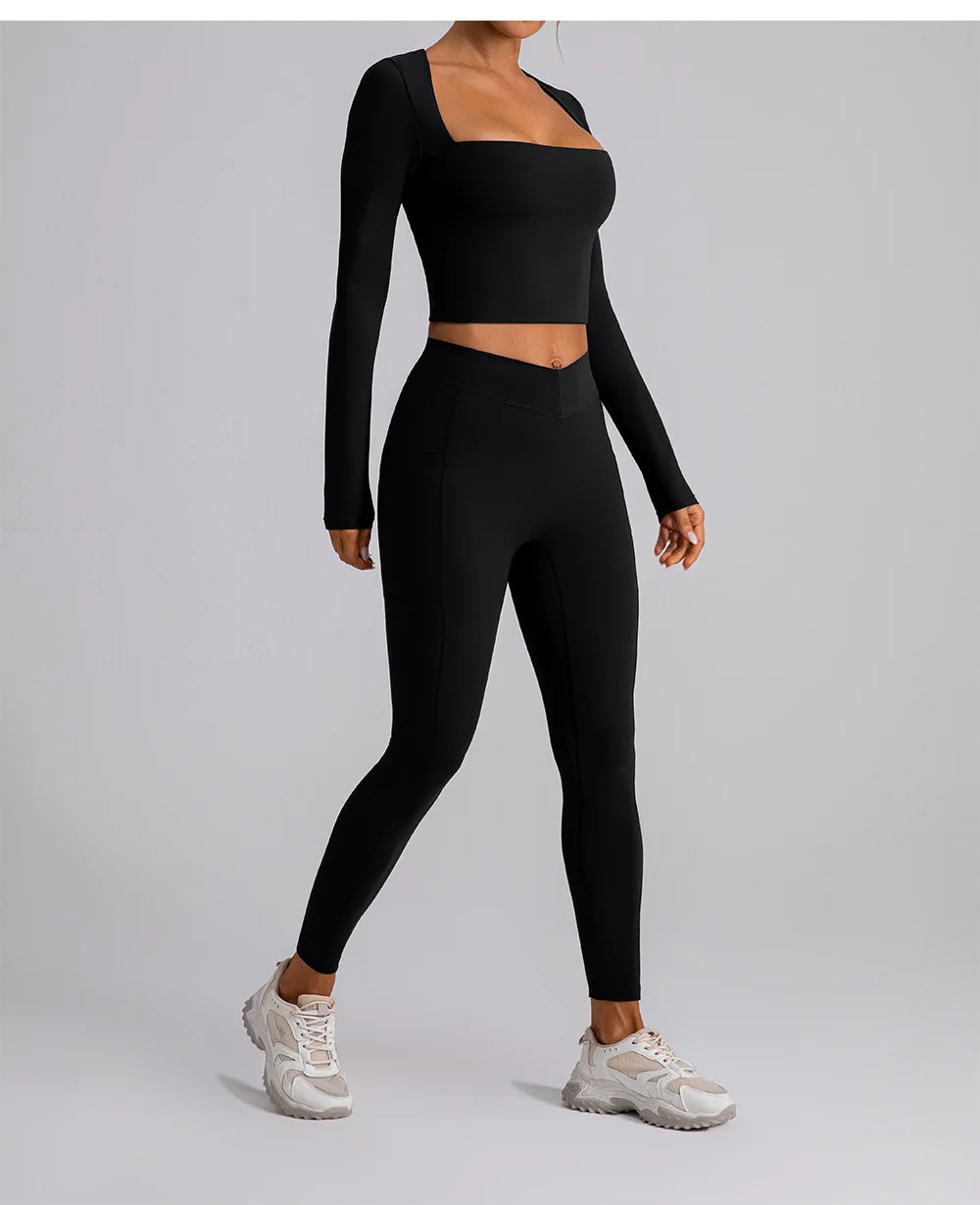 Camisa Manga Longa Decote Quadrado para Yoga – Nylon e Spandex Sem Costura, S ao XL