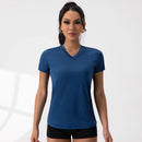 Top esportivo com decote em V e pregas, manga curta, solto, cor sólida, para corrida e exercício físico, 5 cores, roupa de ginástica