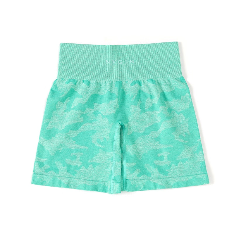 Shorts Sem Costura Camuflado Feminino – Malha Suave, Cintura Elástica