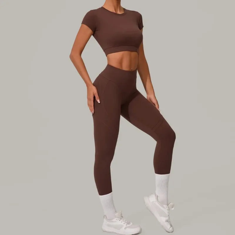 Top Manga Curta + Calça Cintura Alta Yoga – Nylon e Spandex, S ao L