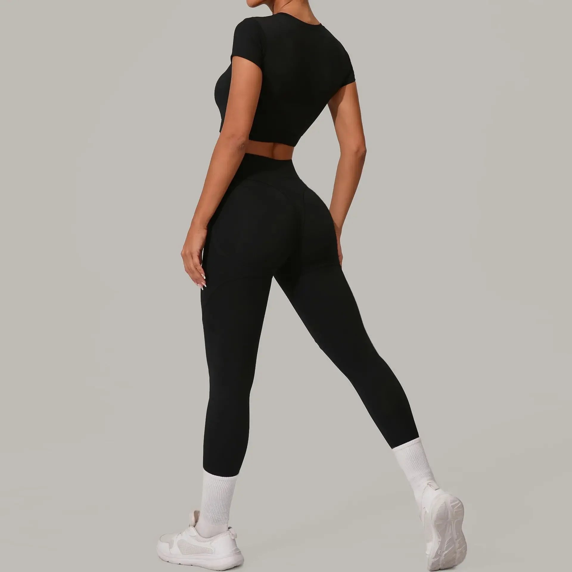 Top Manga Curta + Calça Cintura Alta Yoga – Nylon e Spandex, S ao L