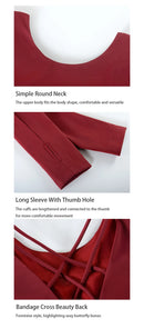 Camiseta de treino com costas abertas, manga comprida, corte curto - feminina